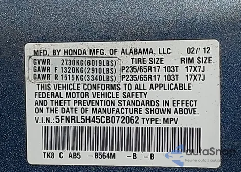 2012 Honda Odyssey Ex z USA, uszkodzony, nr VIN 5FNRL5H45CB072062